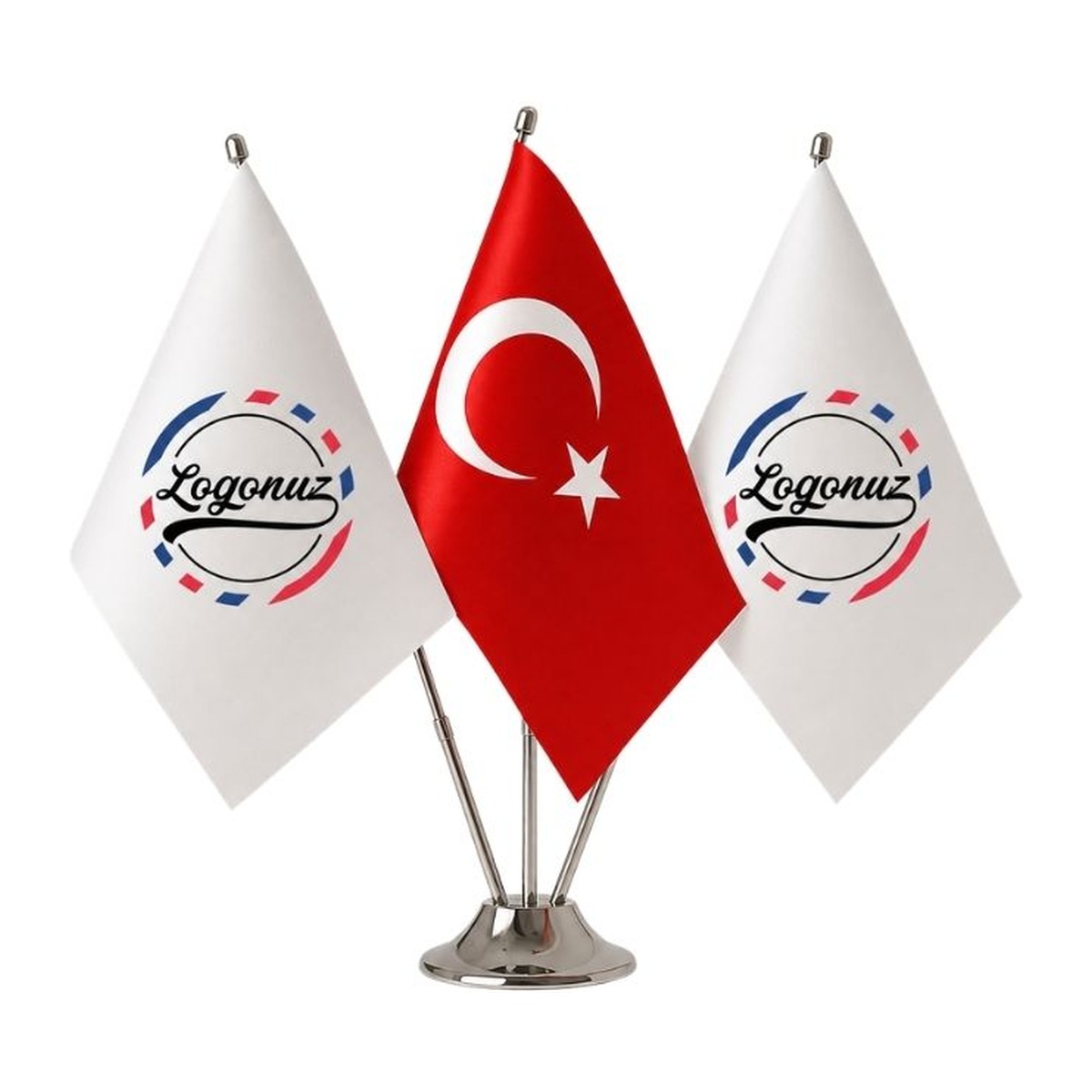 Türk Bayraklı Logo Baskılı Üçlü Masaüstü Bayraklık
