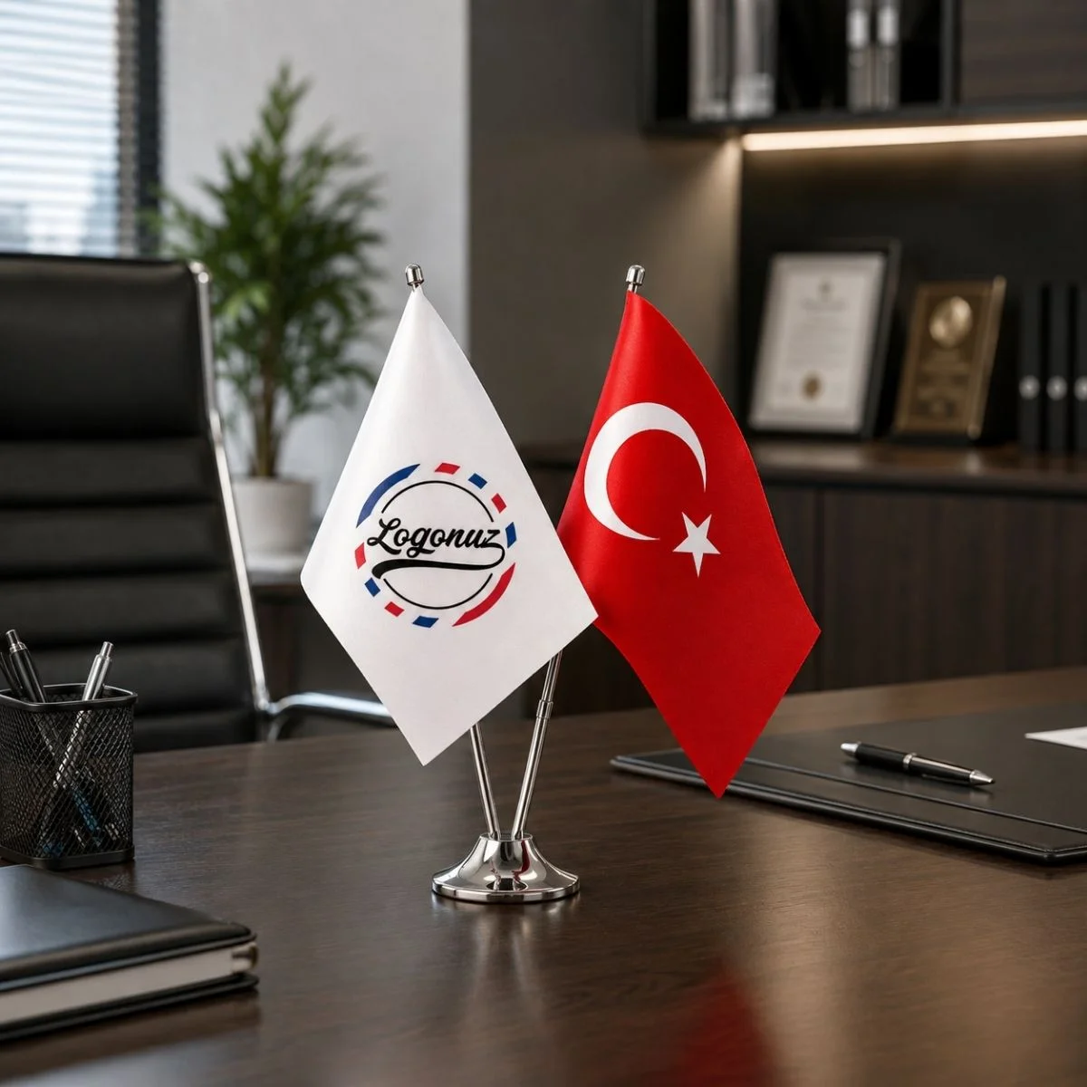 Ofis masasında krom kaideli çift direkli logolu masa bayrağı ve Türk bayrağı