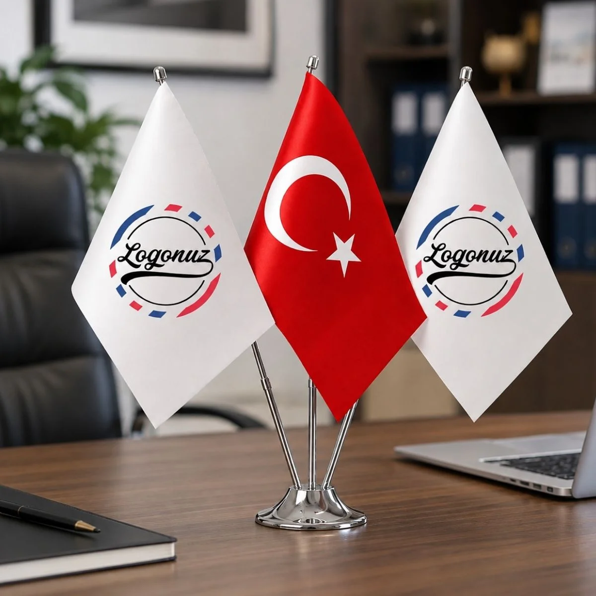 Ofis masasında krom kaideli üçlü masa bayrağı, Türk bayrağı ve iki logolu bayrak