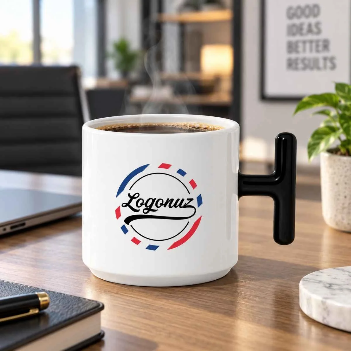 Logo Baskılı Kahve Fincanı T Kulp Siyah Detaylı 2