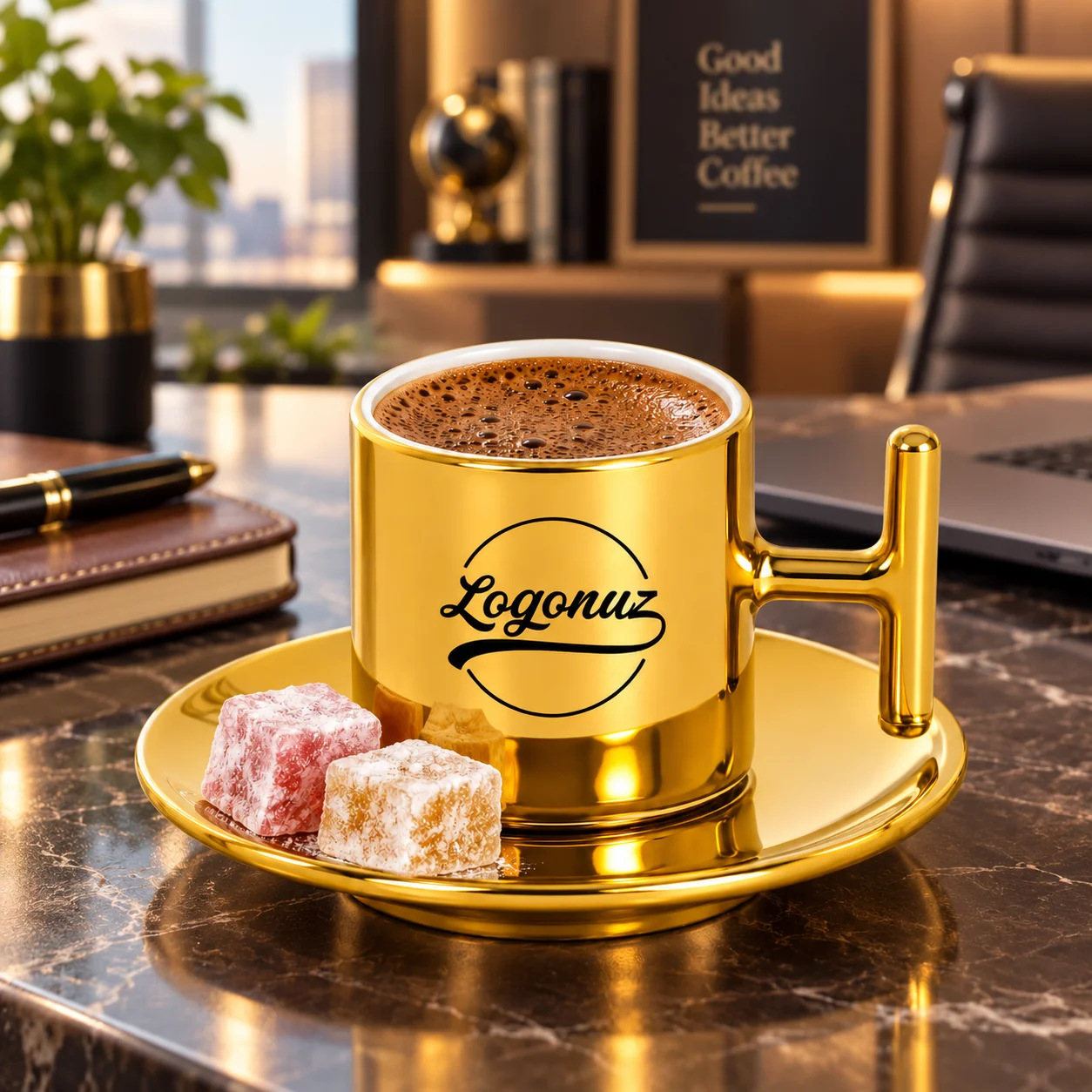 Logo Baskılı Türk Kahvesi Fincanı Gold Renk 6'lı Set 2