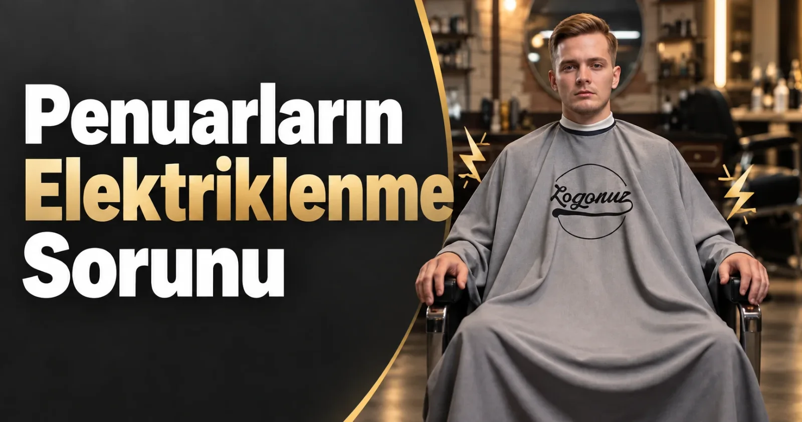 Gri logolu kuaför penuarı giymiş müşteri berber koltuğunda; penuarın kenarlarında statik elektriklenmeyi anlatan şimşek simgeleri