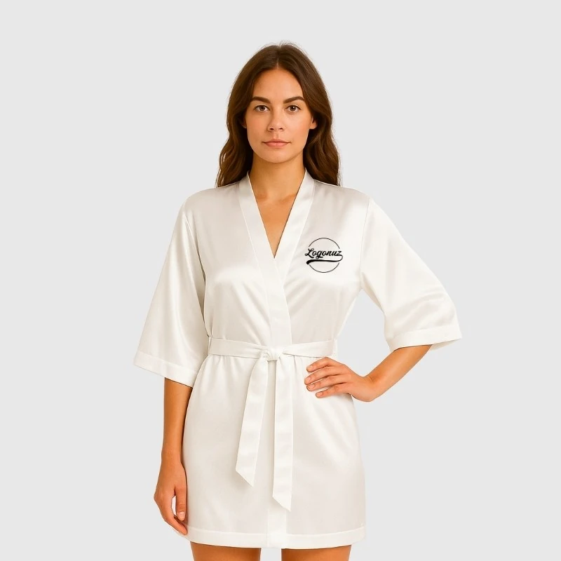 Baskılı Kimono Sabahlık Saten Beyaz 2