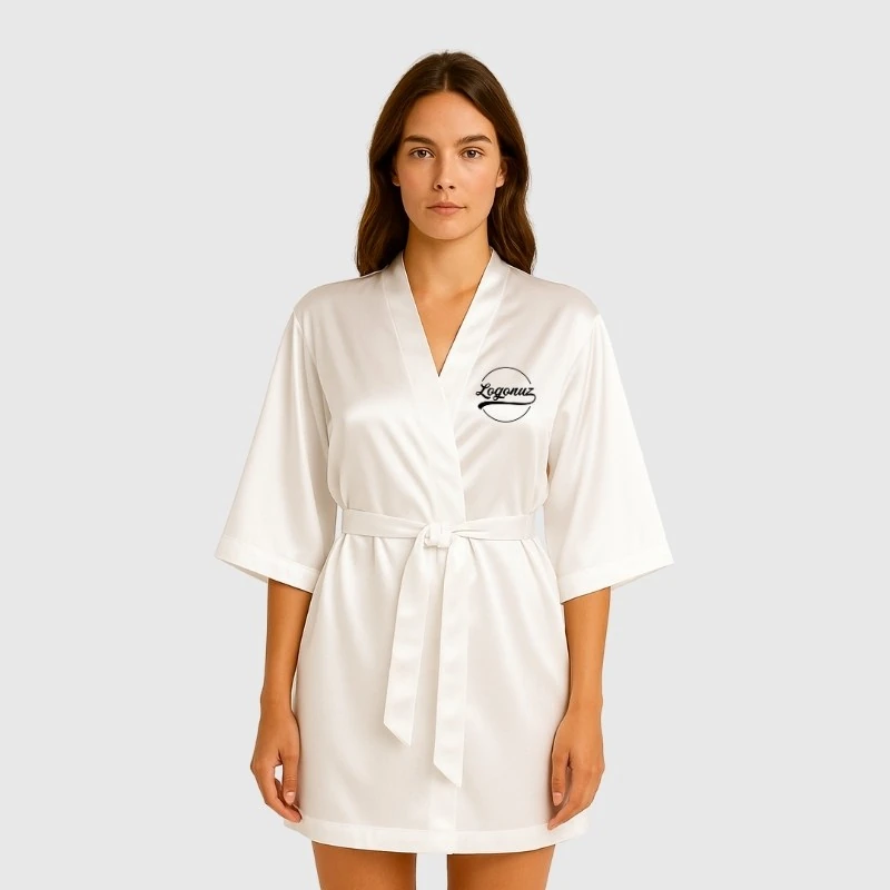 Baskılı Kimono Sabahlık Saten Beyaz 4