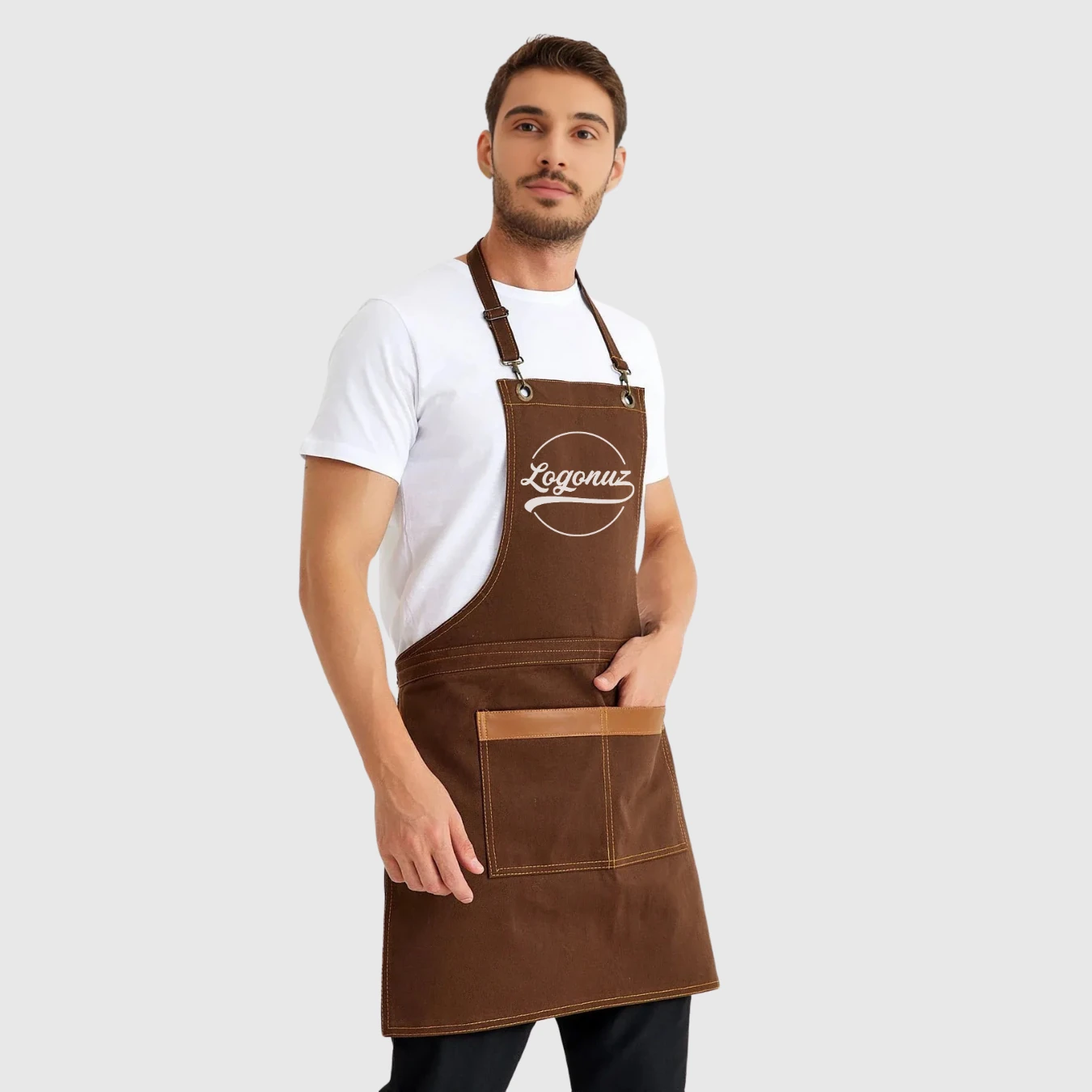 Logo Baskılı Önlük Denim Kumaş Kahverengi 2