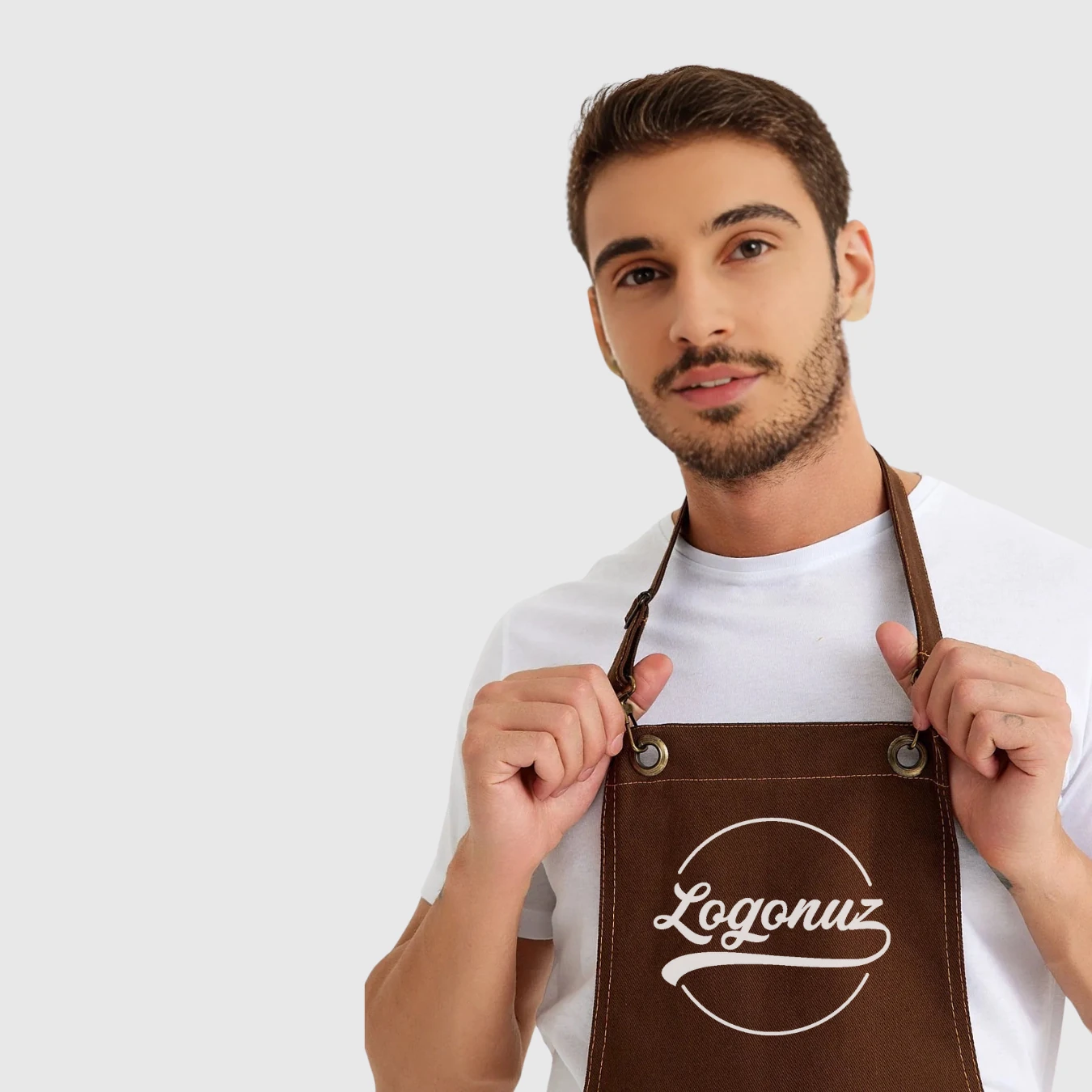 Logo Baskılı Önlük Denim Kumaş Kahverengi 3