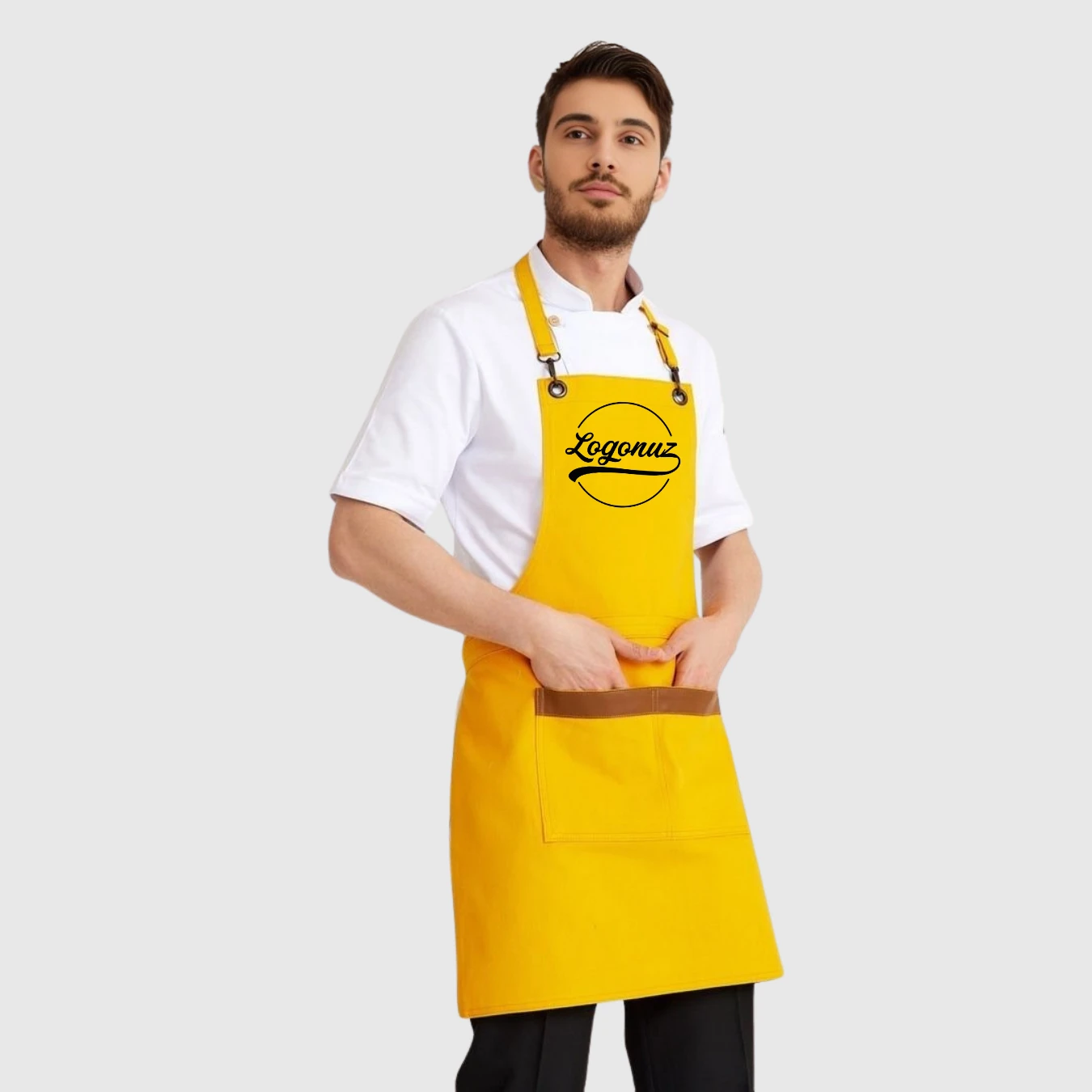 Logo Baskılı Önlük Denim Kumaş Sarı 2