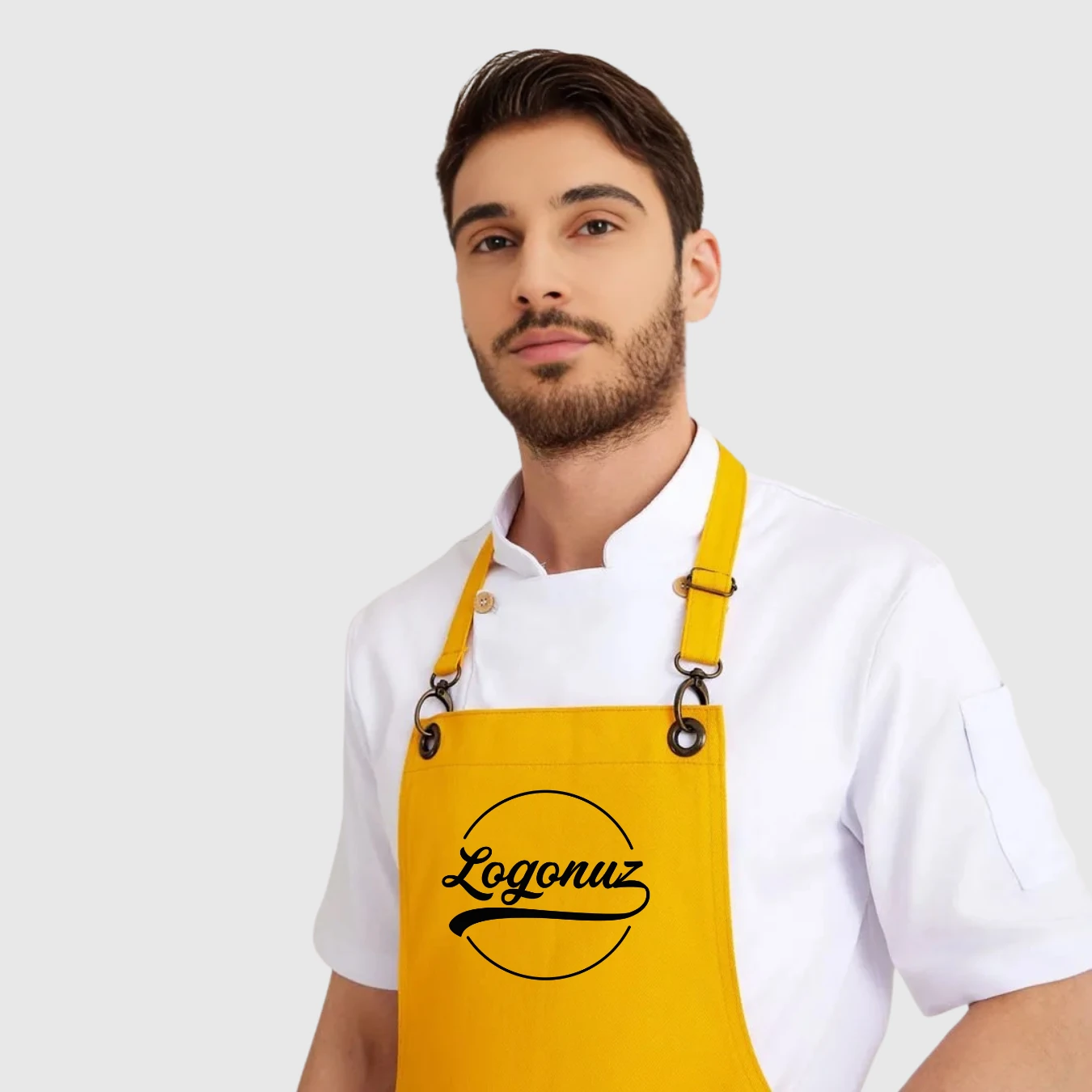 Logo Baskılı Önlük Denim Kumaş Sarı 4