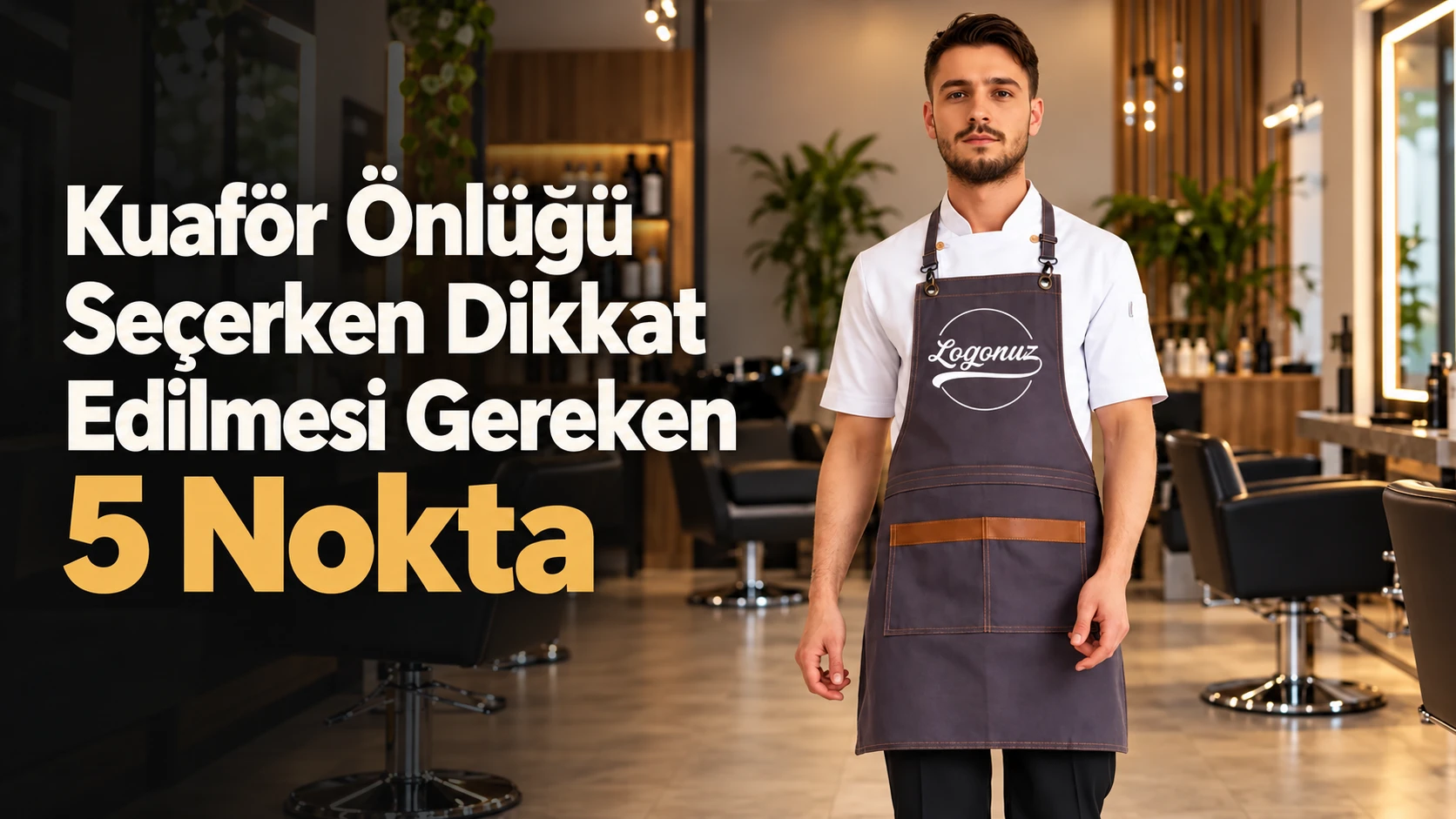 Kuaför salonunda logo baskılı antrasit önlük giyen kuaför, deri detaylı ön cepli askılı önlük