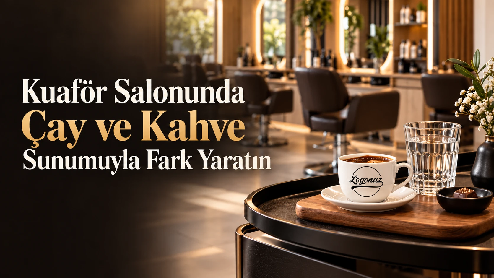Kuaför salonunda ahşap altlık üzerinde logolu kahve fincanı ve su bardağı, temsili ikram sunumu