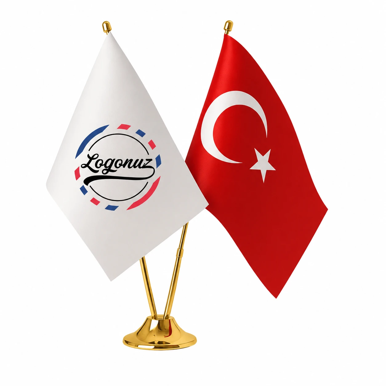 Türk Bayraklı Logo Baskılı Gold Çift Direkli Masa Bayrağı