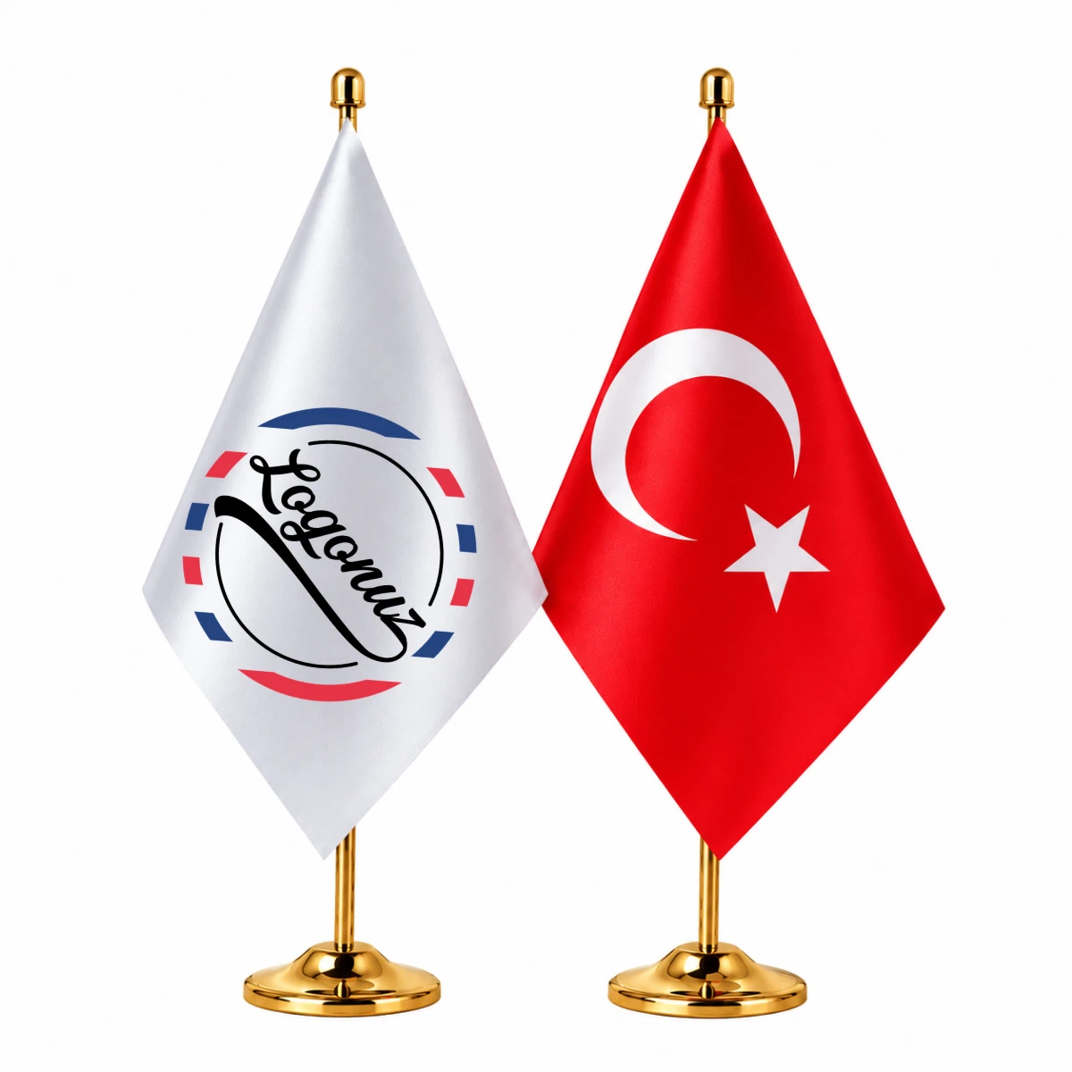 Türk Bayraklı Logo Baskılı Gold İkili Masa Bayrağı Seti