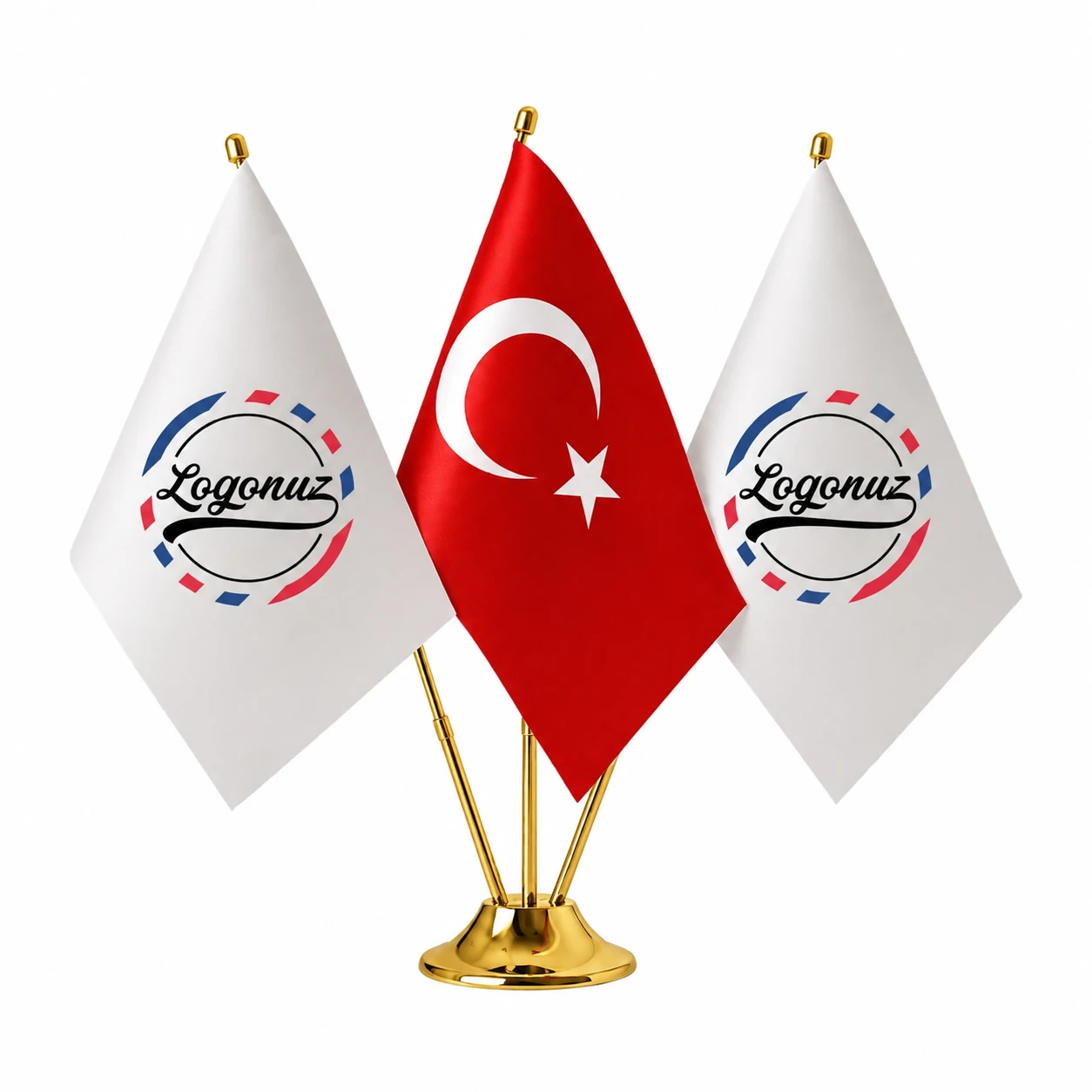 Türk Bayraklı Logo Baskılı Gold Üçlü Masaüstü Bayraklık
