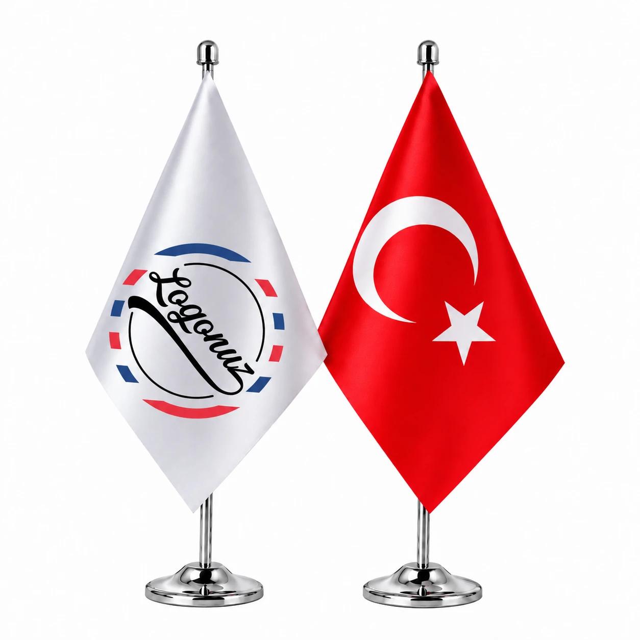Türk Bayraklı Logo Baskılı Krom İkili Masa Bayrağı Seti