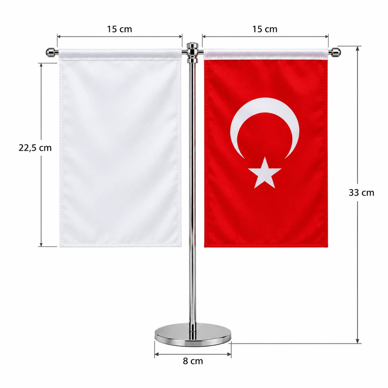 T masa bayrağı ölçüleri: bayraklar 15x22,5 cm, yükseklik 33 cm, kaide çapı 8 cm