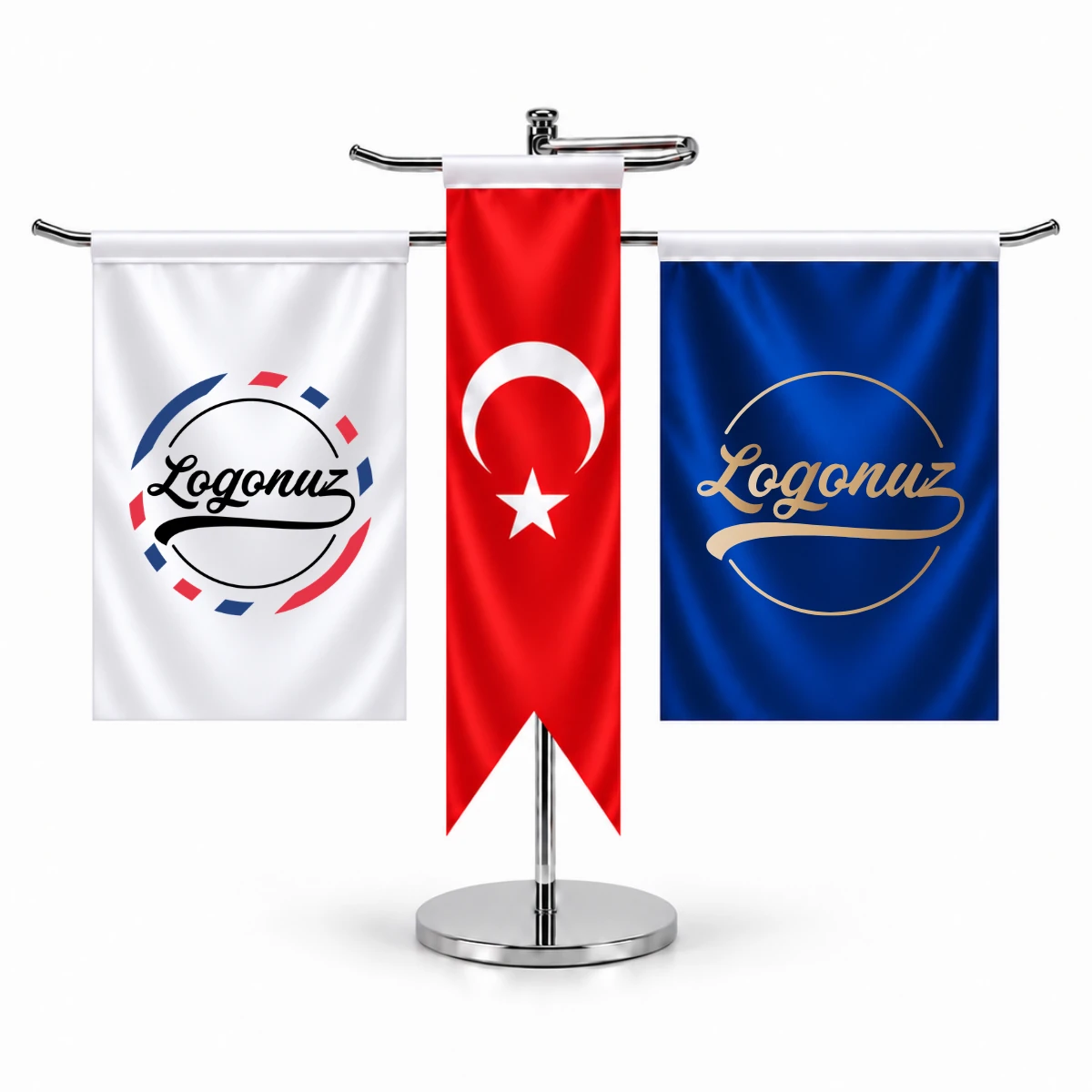 Türk Bayraklı Logo Baskılı Üçlü T Masa Bayrağı