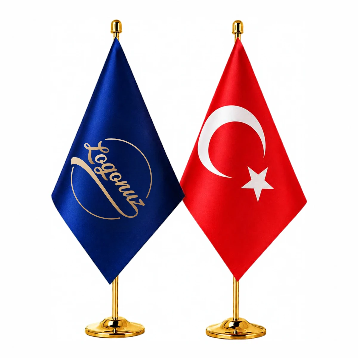 Türk Bayraklı Zemin Baskılı Gold İkili Masa Bayrağı Seti