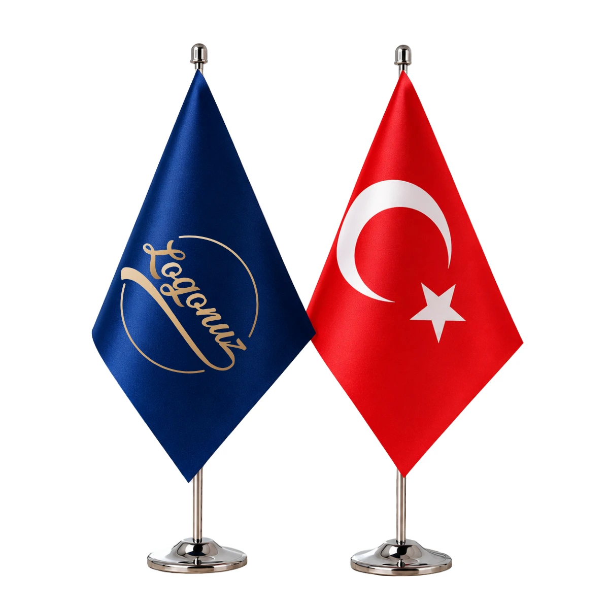 Türk Bayraklı Zemin Baskılı Krom İkili Masa Bayrağı Seti