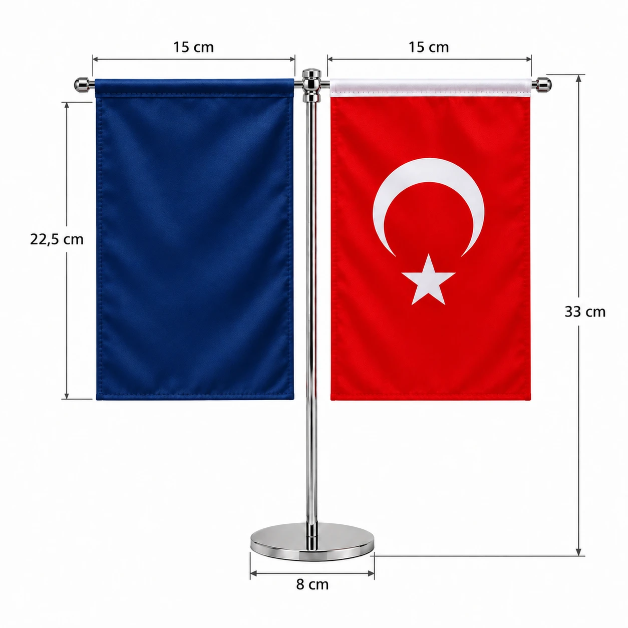 Zemin baskılı T masa bayrağı ölçüleri: lacivert ve Türk bayrağı 15x22,5 cm, yükseklik 33 cm, kaide 8 cm